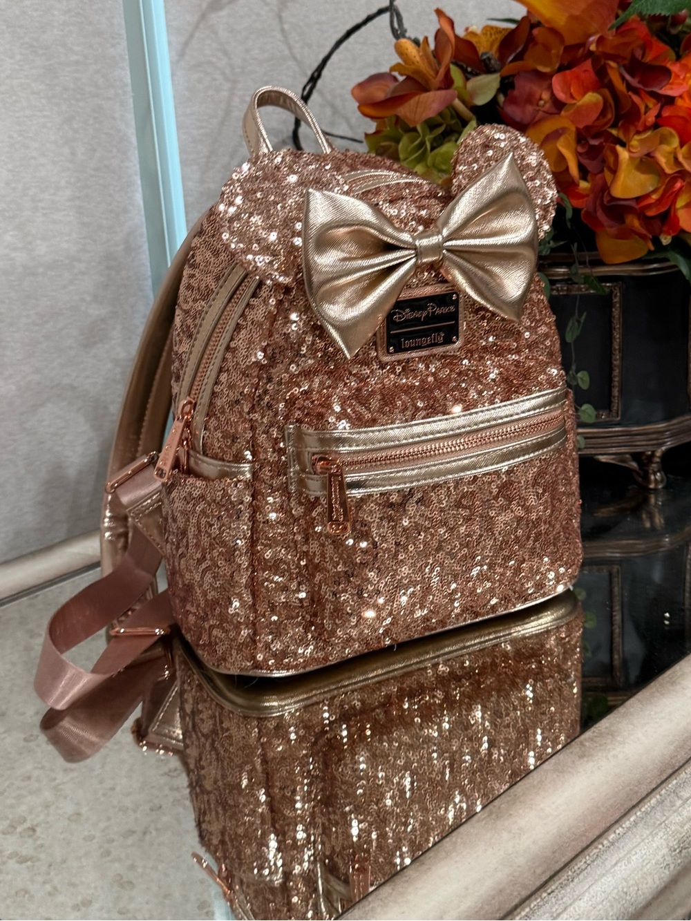 Disney Rose Gold Sequin Mini Backpack with Bow Loungefly